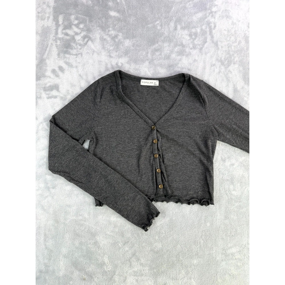 Popular 21 Ribbed Knit Cropped Top Womens Large Charcoal Gray V-Neck CZ8019